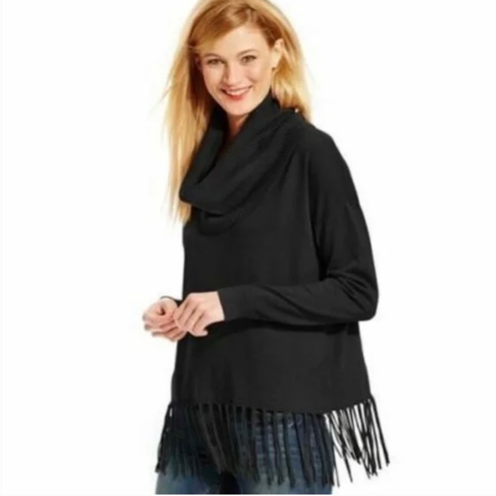 Michael Kors Black Fringe Hem Sweater | Size 1X | Boho Chic Statement Top